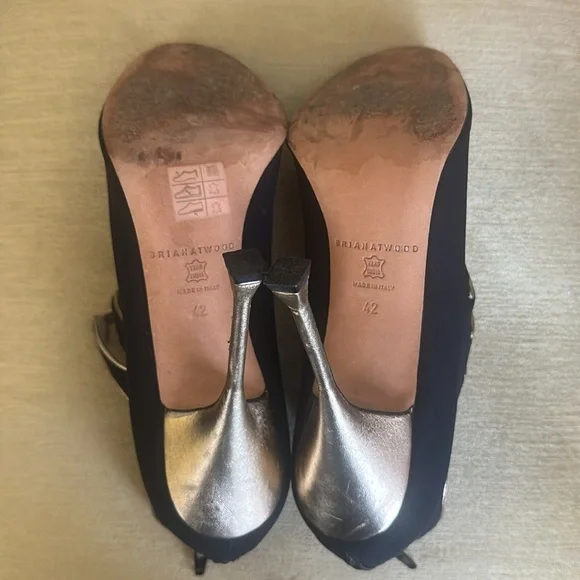 Brian Atwood Naiya Black and Gold Silk Crepe Peep-Toe High-Heel Bootie Size EU42 - Picture 13 of 16